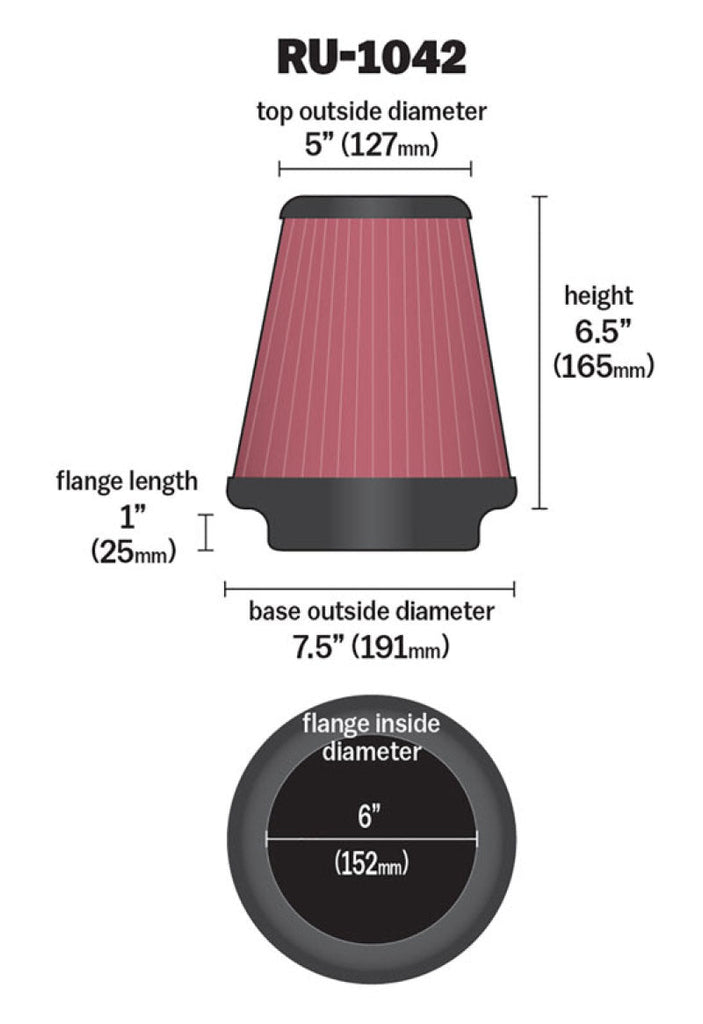 K&N Universal Clamp-On Air Filter 6in FLG / 7-1/2in B / 5in T / 6-1/2in H K&N Engineering KNNRU-1042