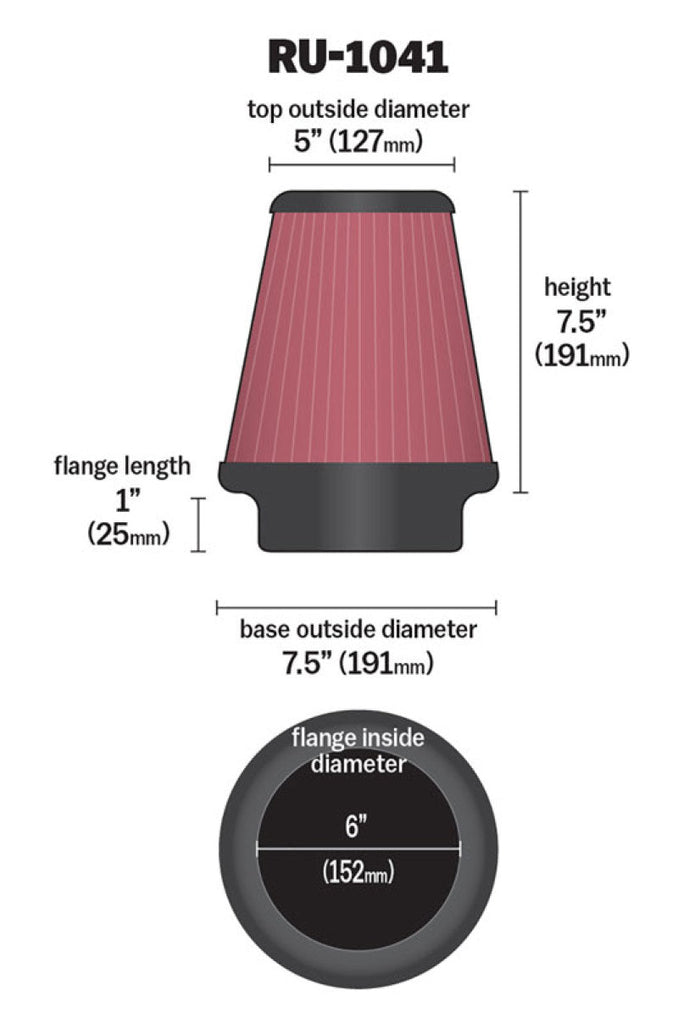 K&N Universal Clamp-On Air Filter 6in FLG / 7-1/2in B / 5in T / 7-1/2in H K&N Engineering KNNRU-1041