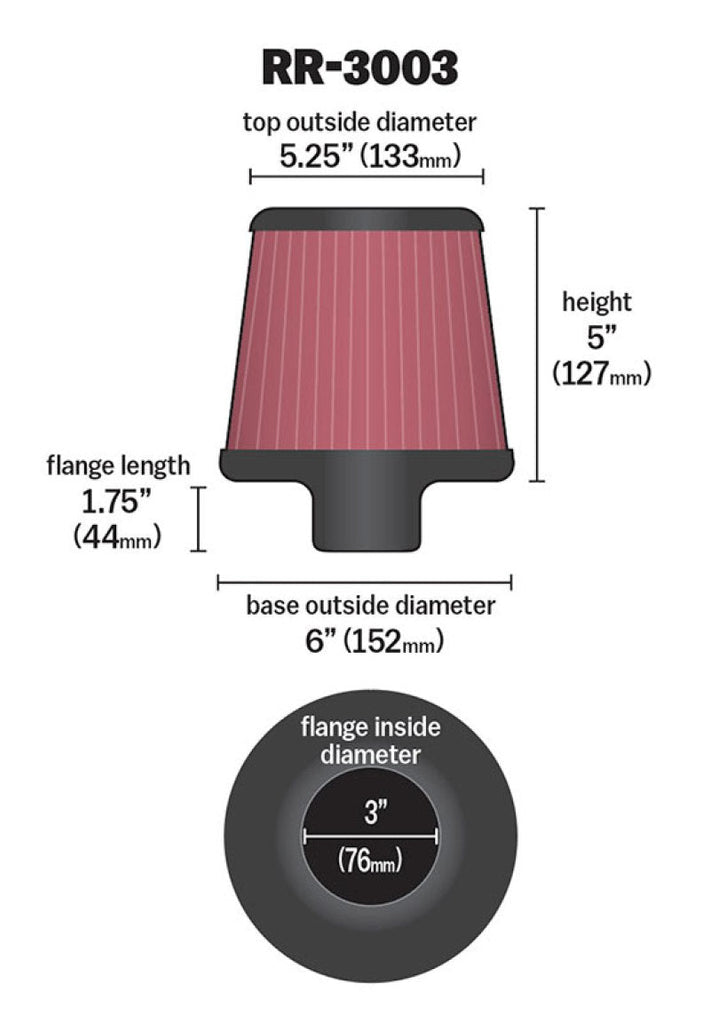 K&N Universal Filter 3 inch Flange 6 inch Base 5 1/4 inch Top 5 inch Height w/ Polished Top K&N Engineering KNNRR-3003