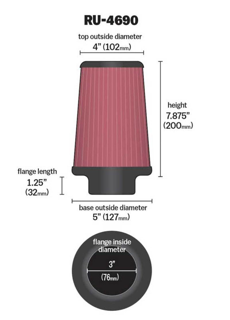 K&N Universal Round Tapered Filter 3 inch FLG / 5 inch Bottom / 4 inch Top / 7 7/8 inch Height K&N Engineering KNNRU-4690