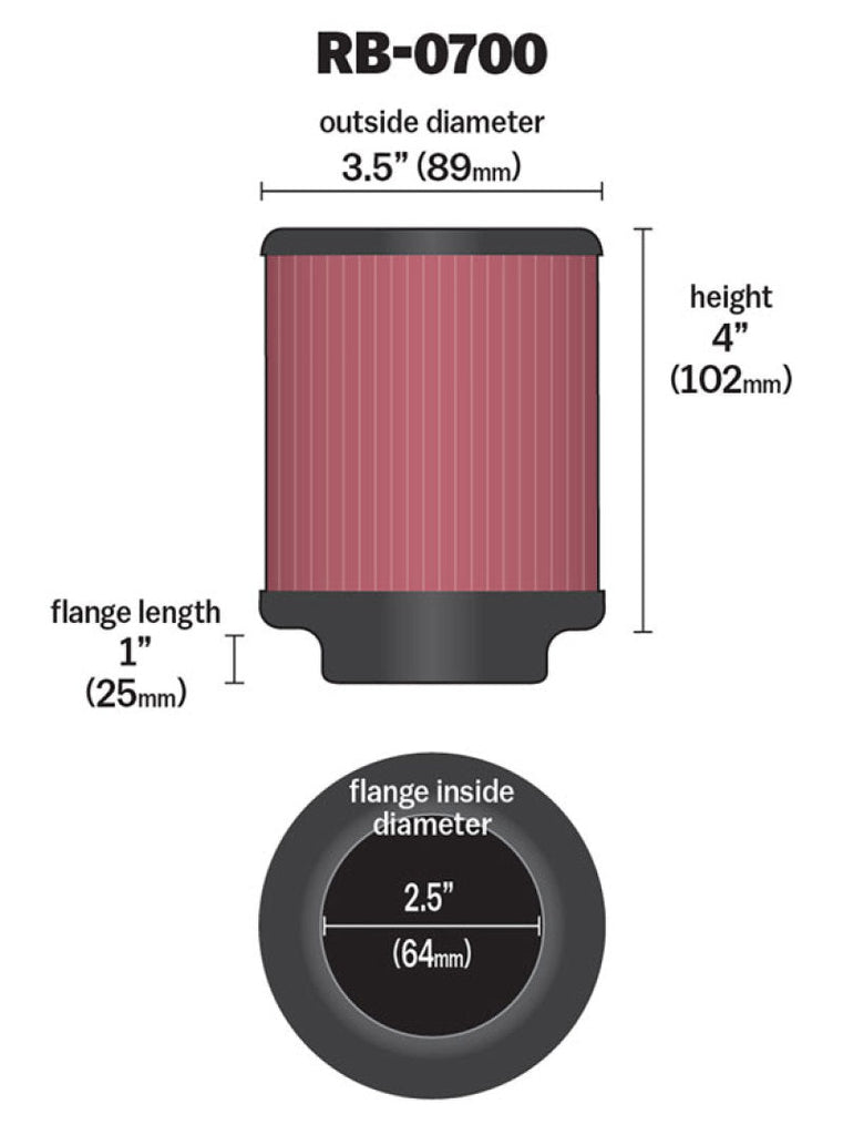 K&N Universal Rubber Filter 2.5 inch 5 Degree FLG 3.5 inch OD 4 inch Height K&N Engineering KNNRB-0700