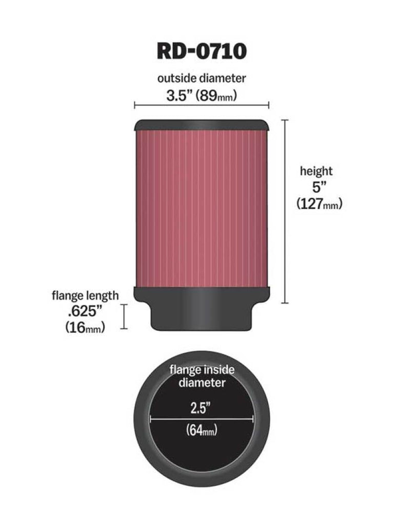 K&N Universal Rubber Filter 2.5in Flange ID x 3.5in OD x 5in Height K&N Engineering KNNRD-0710