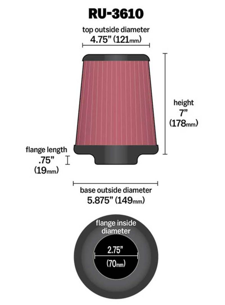 K&N Universal Rubber Filter 2.75in Flange ID x 5.875in Base OD x 4.75in Top OD x 7in Height K&N Engineering KNNRU-3610