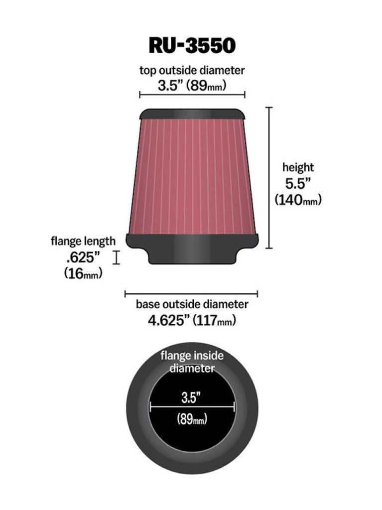 K&N Universal Rubber Filter 3 1/2 inch FLG / 4 5/8 inch Base / 3-1/2 inch Top / 5 1/2 inch Height K&N Engineering KNNRU-3550