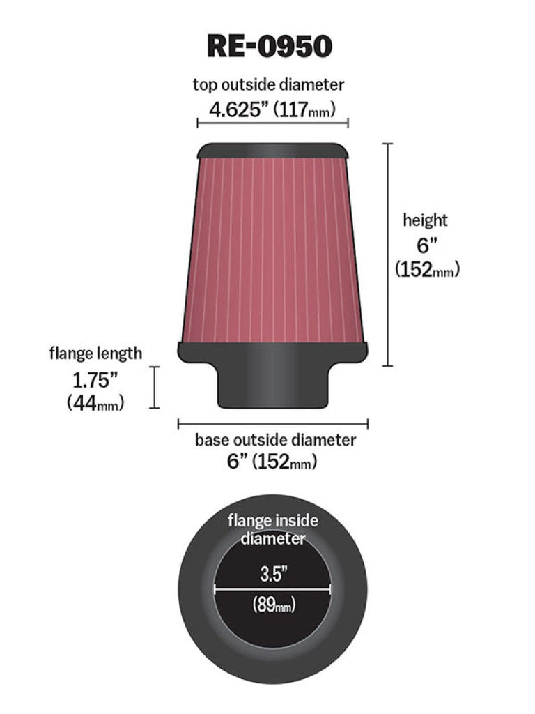 K&N Universal Rubber Filter 3 1/2inch ID FLG / 6inch Base / 4-5/8inch Top / 6inch Height K&N Engineering KNNRE-0950