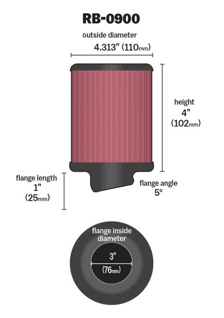 K&N Universal Rubber Filter 3 inch 5 Degree FLG 4 1/2 inch OD 4 inch Height K&N Engineering KNNRB-0900