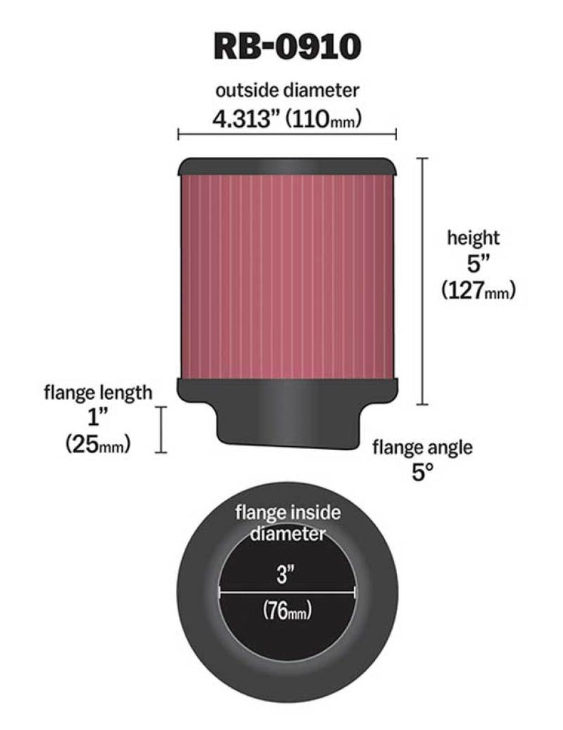 K&N Universal Rubber Filter 3 inch 5 Degree FLG 4 1/2 inch OD 5 inch Height K&N Engineering KNNRB-0910