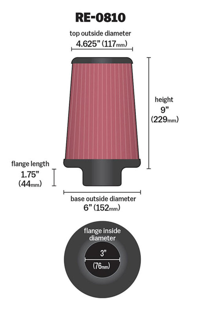 K&N Universal Rubber Filter 3inch FLG / 6inch OD-B / 4-5/8inch OD-T / 9inch L K&N Engineering KNNRE-0810