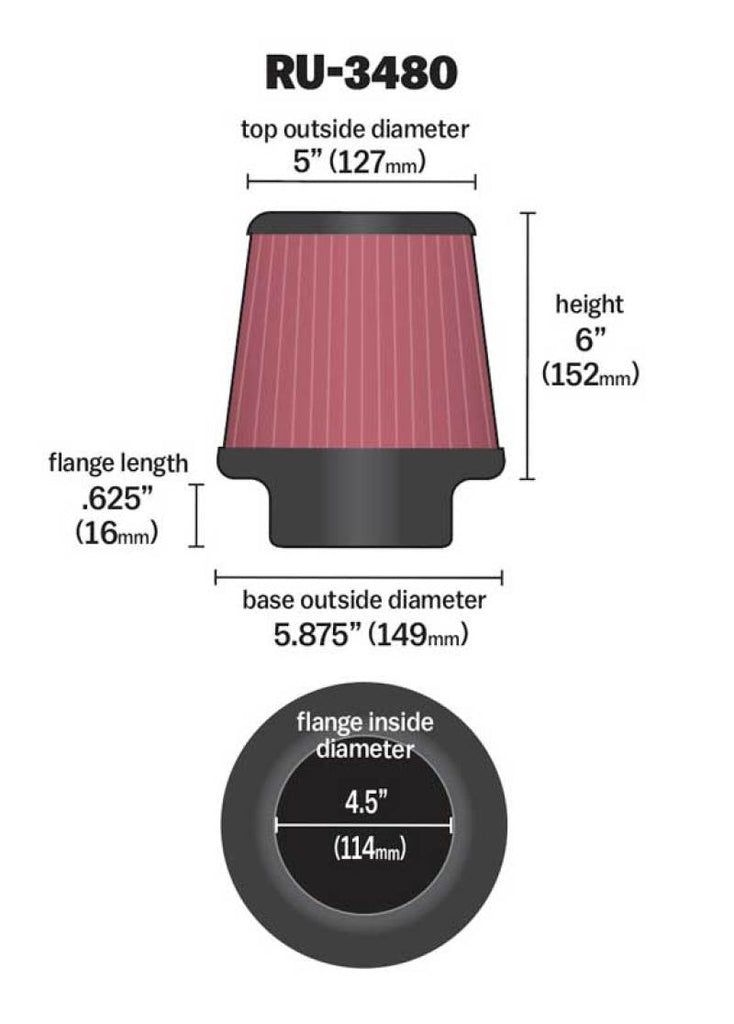 K&N Universal Rubber Filter 4 1/2 inch FLG / 5 7/8 inch Base / 5 inch Top / 6 inch Height K&N Engineering KNNRU-3480
