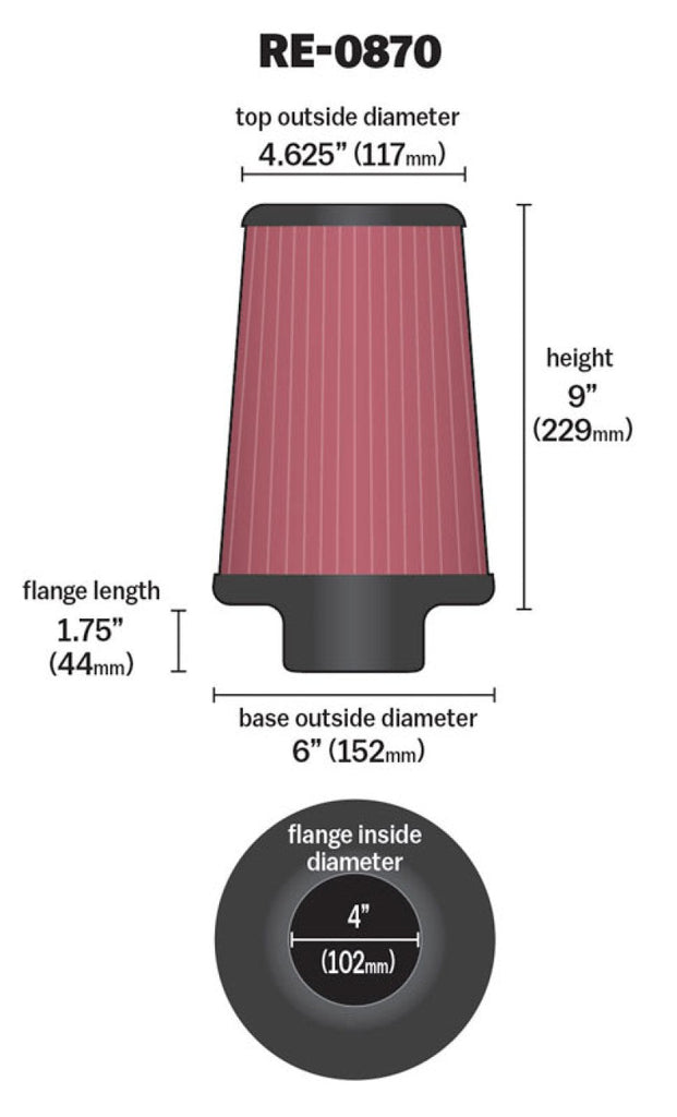 K&N Universal Rubber Filter 4inch FLG / 6inch OD-B / 4-5/8inch OD-T / 9inch H K&N Engineering KNNRE-0870