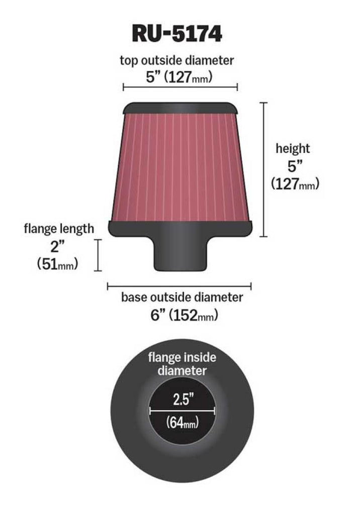 K&N Universal Rubber Filter-Round Tapered 2.5in Flange ID x 6in Base OD x 5in Top OD x 5in Height K&N Engineering KNNRU-5174