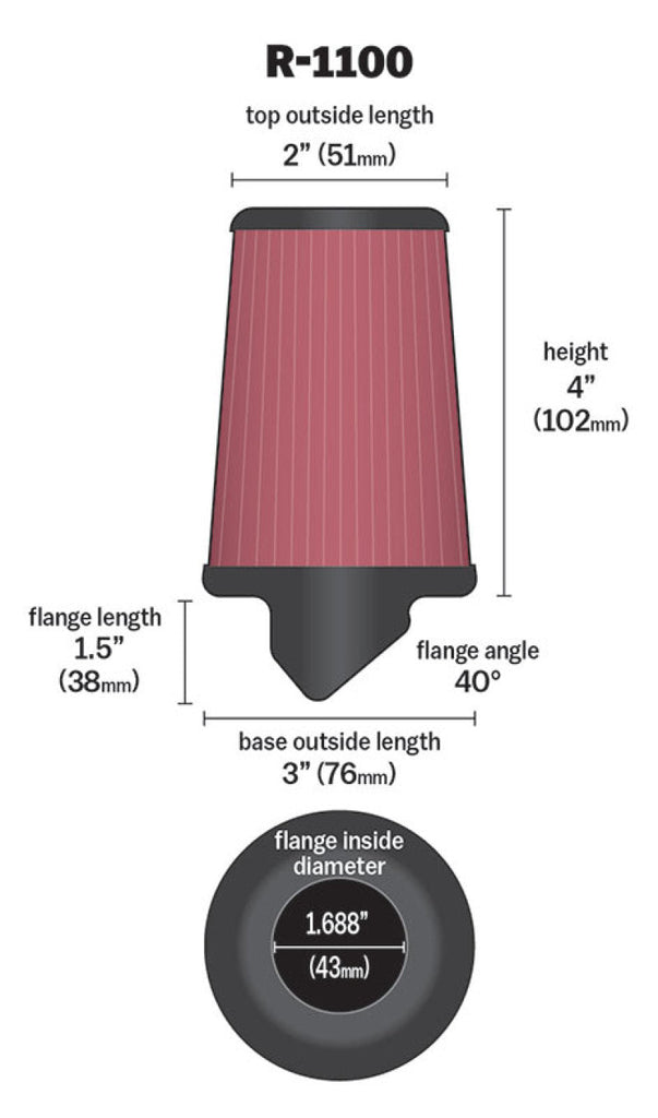 K&N Universal Rubber Filter Round Tapered 3in Base OD x 2in Top OD x 4in H - 73-78 Honda ATC90 K&N Engineering KNNR-1100
