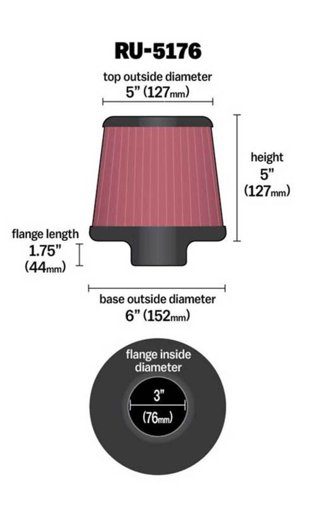 K&N Universal Rubber Filter-Round Tapered 3in Flange ID x 6in Base OD x 6in Top OD x 5in H K&N Engineering KNNRU-5176
