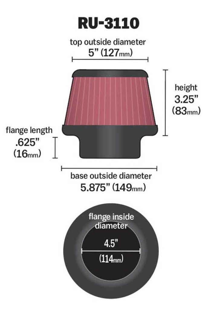 K&N Universal Rubber Filter Round Tapered 4.5in Flange ID x 5.875 Base OD x 5in Top OD x 3.25in H K&N Engineering KNNRU-3110