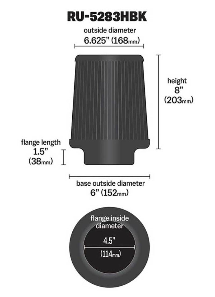 K&N Universal Rubber Filter-Round Tapered 4.5in Flange ID x 8in Base OD x 6.625in Top OD x 8in H K&N Engineering KNNRU-5283HBK