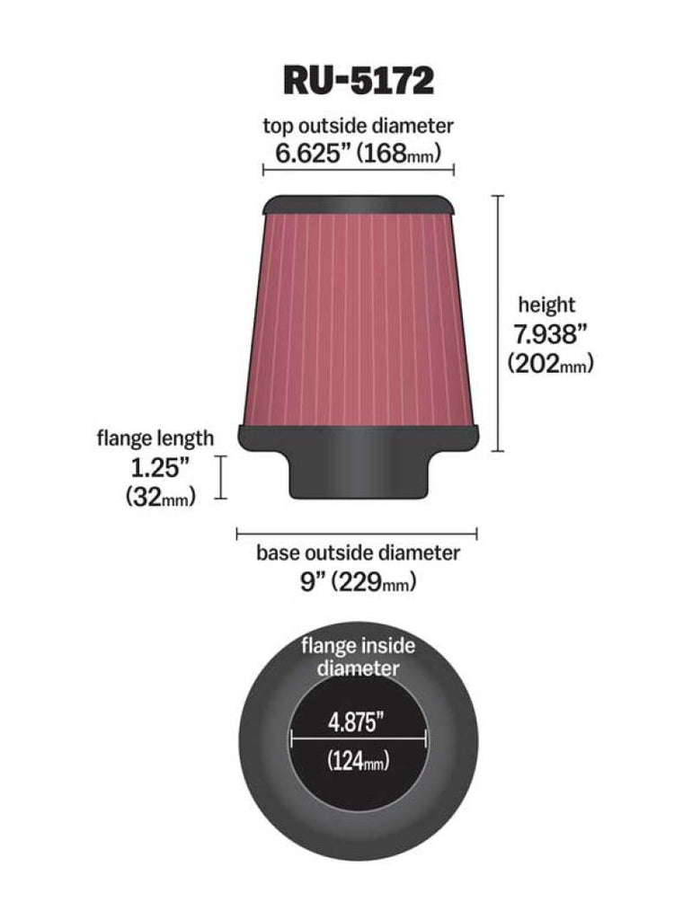 K&N Universal Rubber Filter-Round Tprd 4.875in Flange ID x 9in Base OD x 6.625in Top OD x 7.938in H K&N Engineering KNNRU-5172