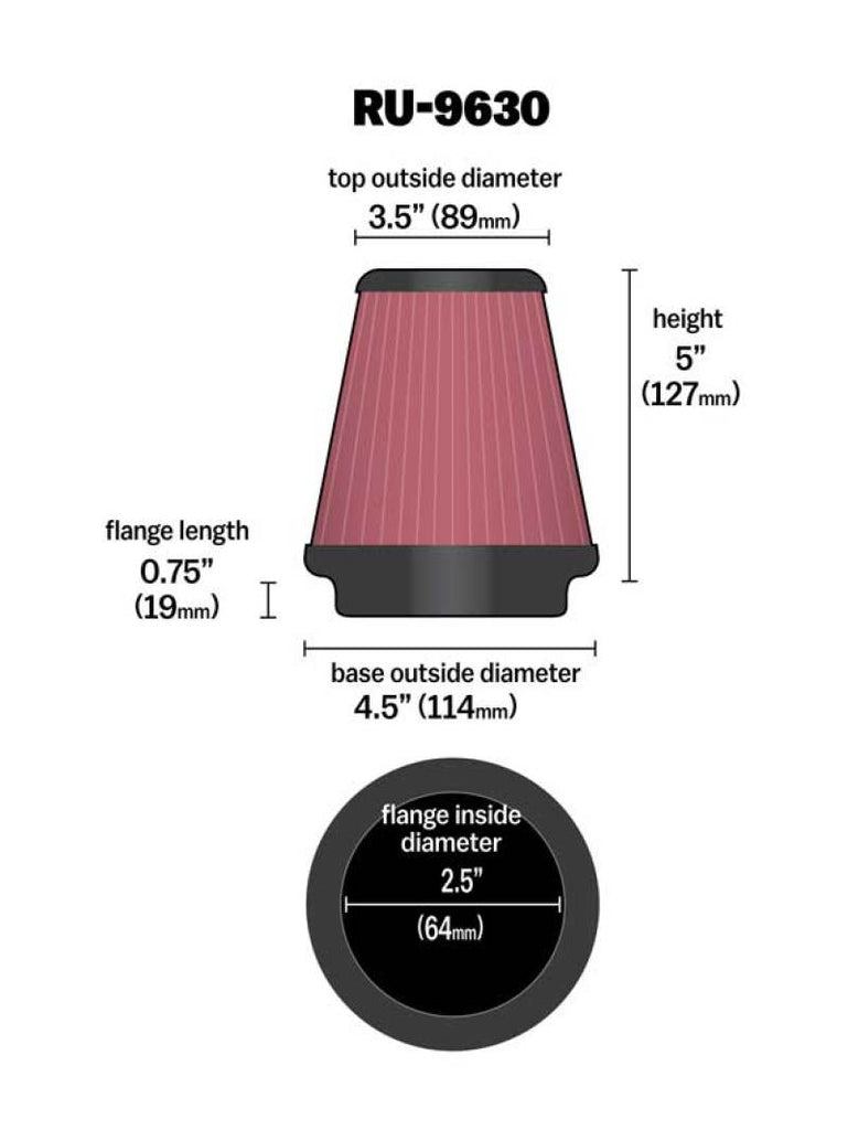 K&N Universal Tapered Filter 2.5in Flange ID x 4.5in Base OD x 3.5in Top OD x 5in Height K&N Engineering KNNRU-9630