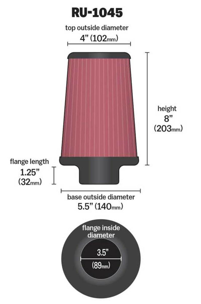 K&N Universal Tapered Filter 3.5in Flange ID x 5.5in Base OD x 4in Top OD x 8in Height K&N Engineering KNNRU-1045