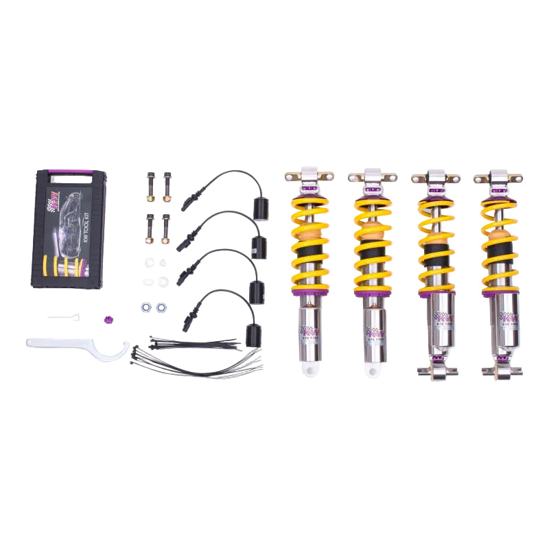 Front and rear KW V3 coilover assemblies for Chevrolet Corvette C7 with factory electronic damping