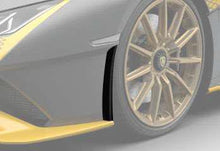 Load image into Gallery viewer, Carbon fiber wind deflector upright fitted to the front bumper corner of a Lamborghini Huracan ahead of the front wheel