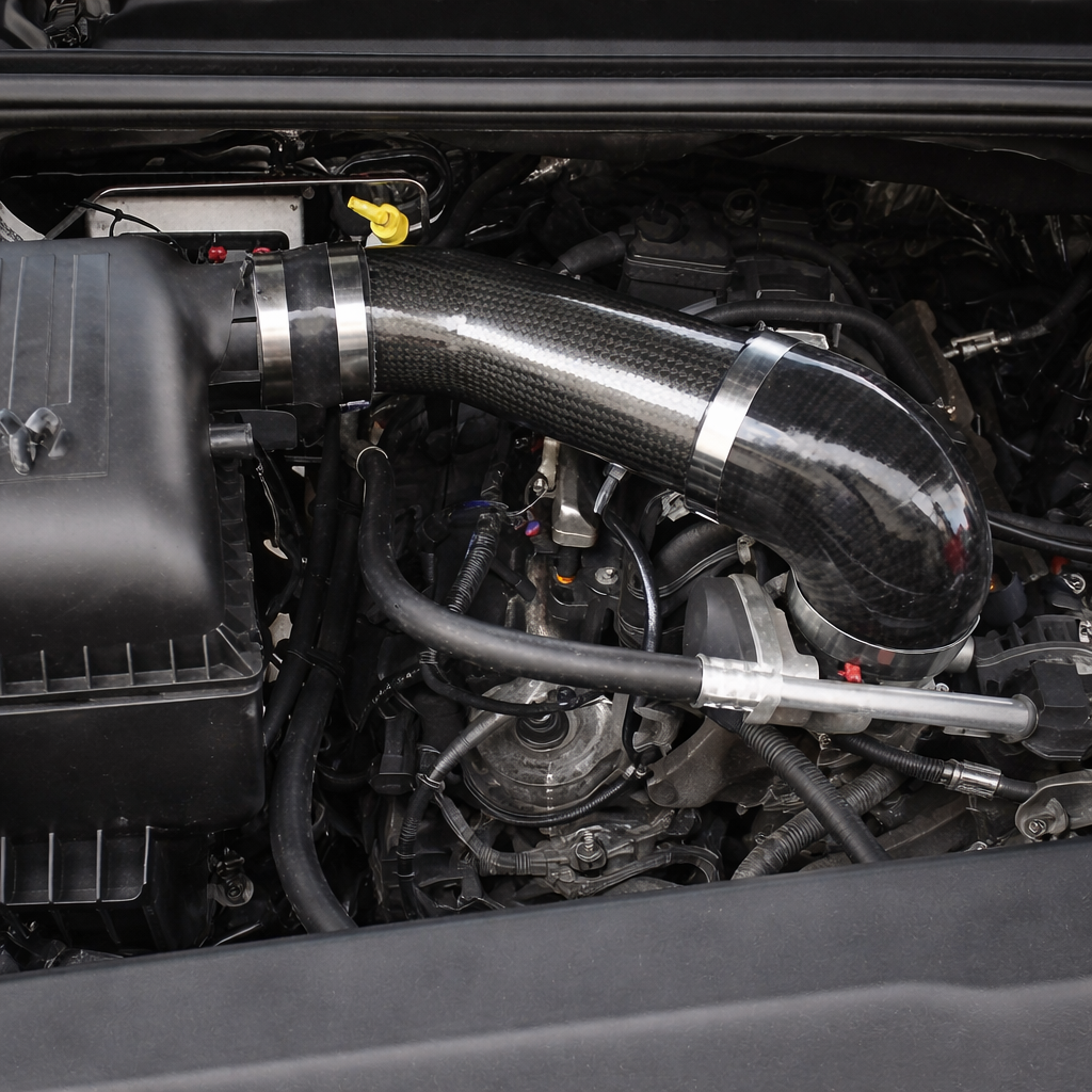Legmaker carbon fiber mid tube installed in Ram 5.7L HEMI engine bay