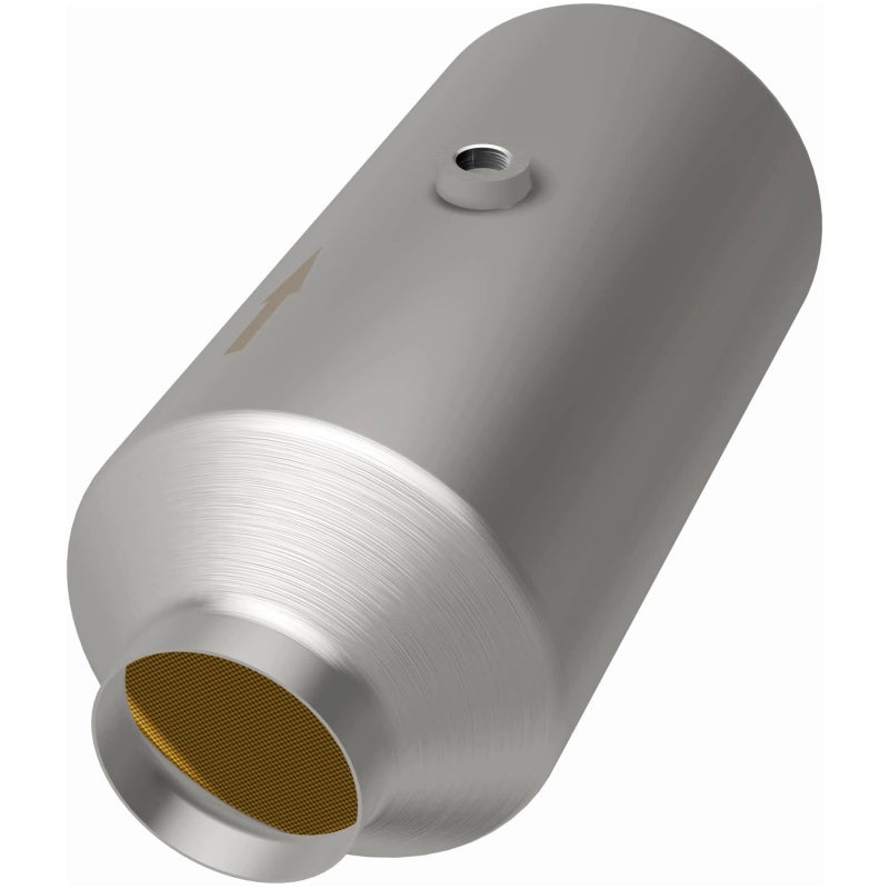 Close-up of ribbed 6-inch spun metallic body on MagnaFlow 51299 universal cat