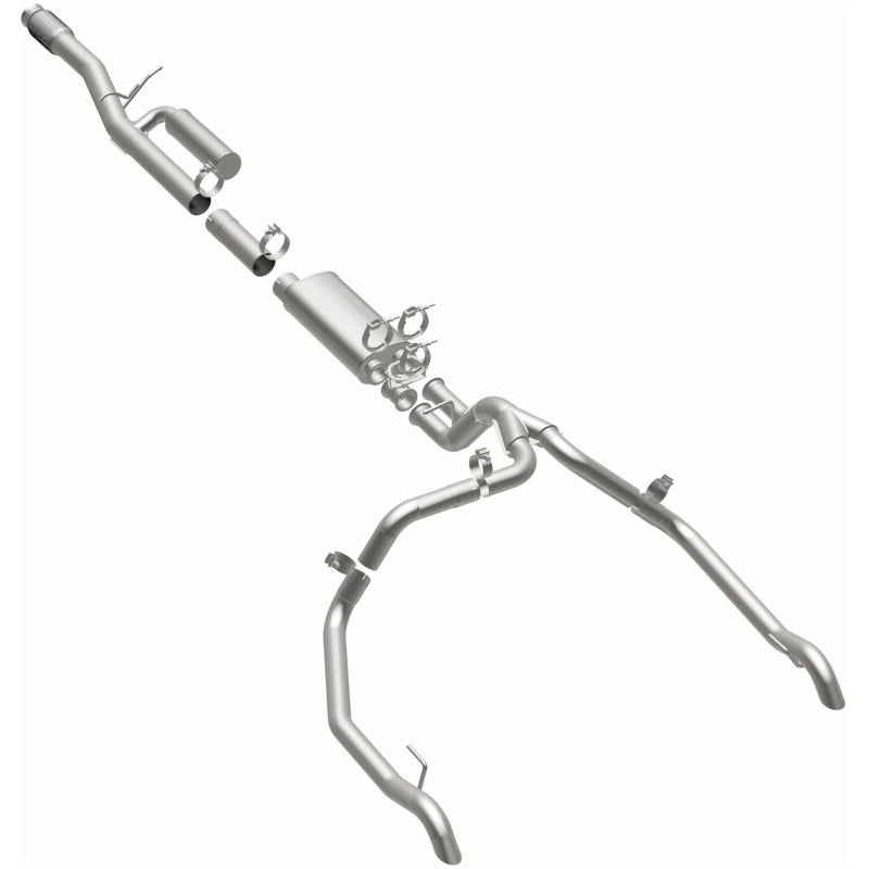 MagnaFlow Overland Series Cat-Back exhaust system out-of-package view showing all components for 2024-2025 Chevy Silverado 1500 ZR2 and GMC Sierra 1500 AT4X
