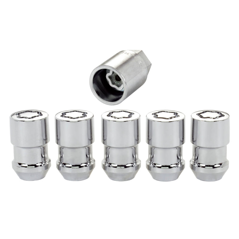 Side profile of McGard chrome cone seat wheel lock nut showing thread and hex  
