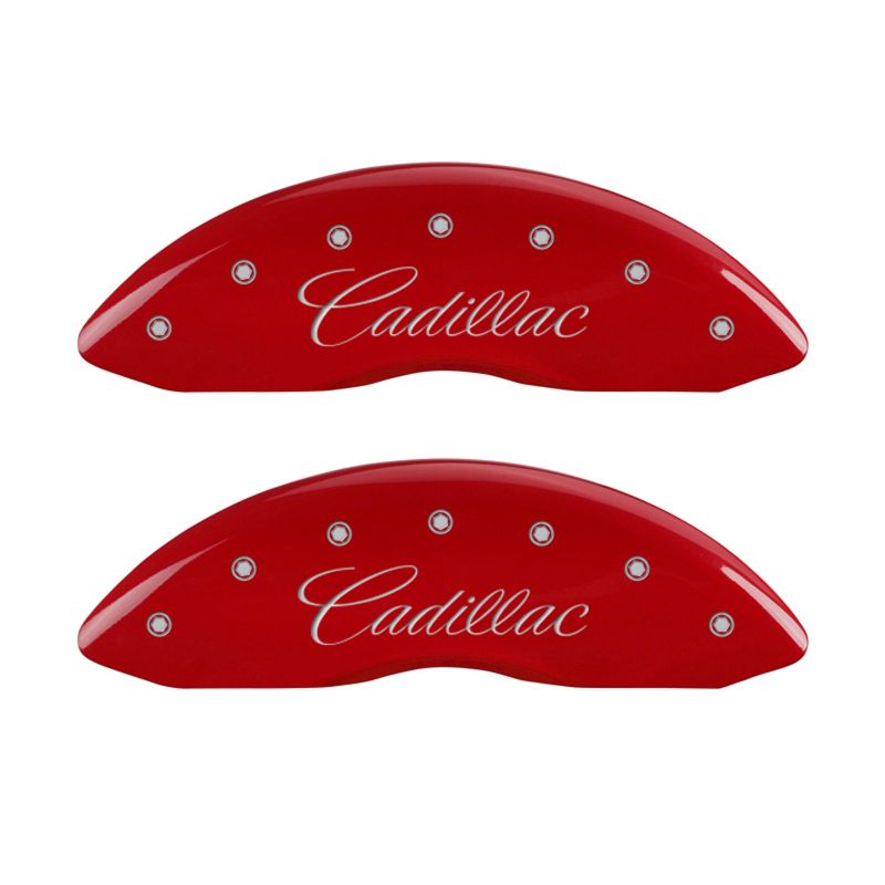 MGP 4 Caliper Covers Engraved Front Cursive/Cadillac Engraved Rear CTS Red finish silver ch - Black Ops Auto Works
