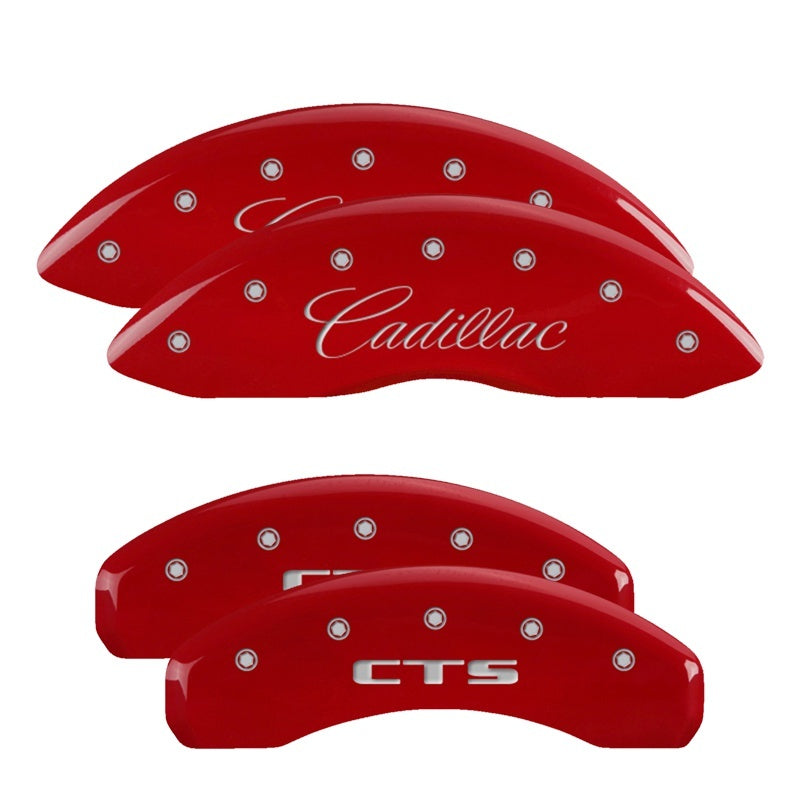 MGP 4 Caliper Covers Engraved Front Cursive/Cadillac Engraved Rear CTS Red finish silver ch - Black Ops Auto Works
