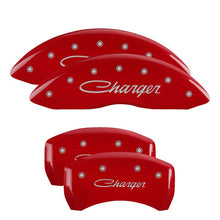 Load image into Gallery viewer, MGP 4 Caliper Covers Engraved Front Cursive/Challenger Engraved Rear RT Red finish silver ch - Black Ops Auto Works