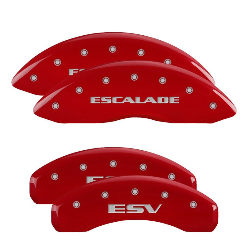MGP 4 Caliper Covers Engraved Front Escalade Engraved Rear ESV Red finish silver ch - Black Ops Auto Works