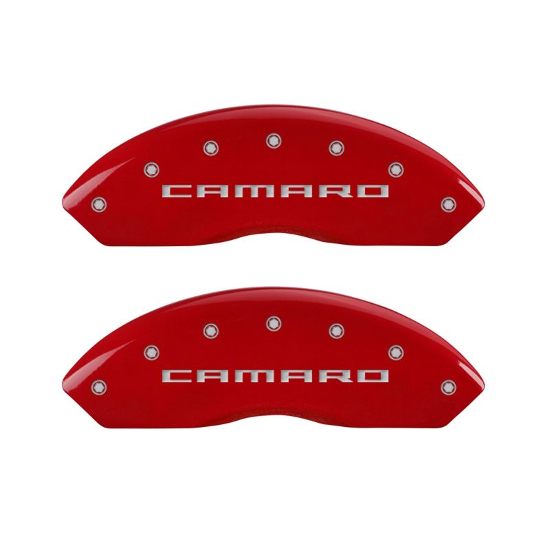 MGP 4 Caliper Covers Engraved Front Gen 5/Camaro Engraved Rear Gen 5/RS Red finish silver ch - Black Ops Auto Works