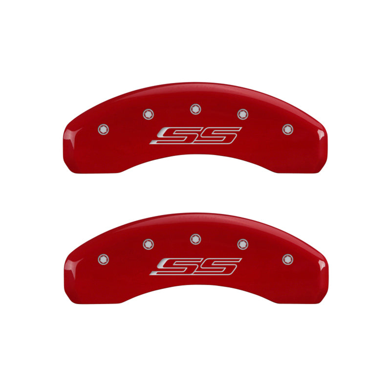 MGP 4 Caliper Covers Engraved Front Gen 5/Camaro Engraved Rear Gen 5/SS Red finish silver ch - Black Ops Auto Works