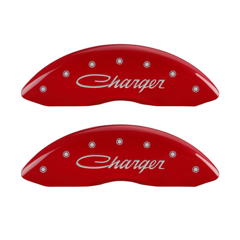 MGP 4 Caliper Covers Engraved Front & Rear Cursive/Charger Red finish silver ch - Black Ops Auto Works