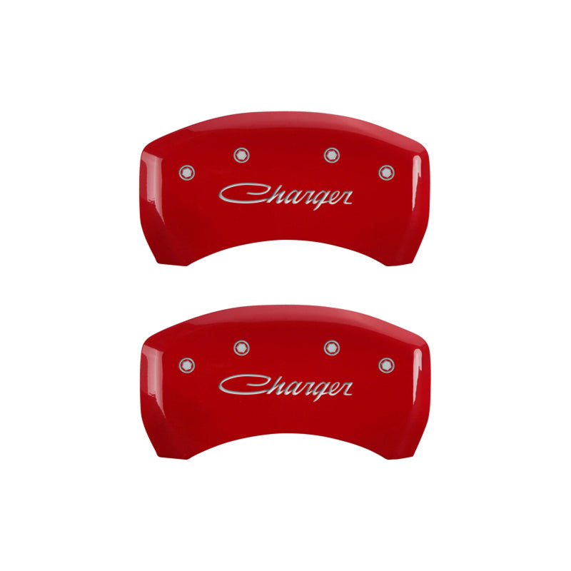 MGP 4 Caliper Covers Engraved Front & Rear Cursive/Charger Red finish silver ch - Black Ops Auto Works