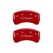 Load image into Gallery viewer, MGP 4 Caliper Covers Engraved Front &amp; Rear Cursive/Charger Red finish silver ch - Black Ops Auto Works