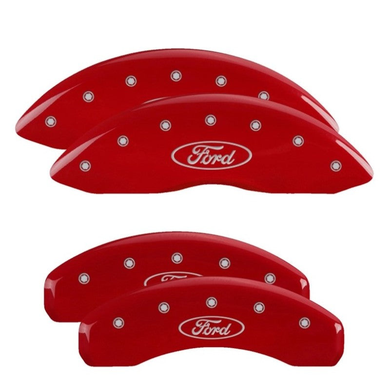 MGP 4 Caliper Covers Engraved Front & Rear Ford Oval Logo Red Finish Silver Char 2021 Ford F-150 - Black Ops Auto Works