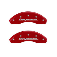Load image into Gallery viewer, MGP 4 Caliper Covers Engraved Front &amp; Rear Impala Red finish silver ch - Black Ops Auto Works