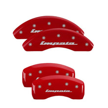 Load image into Gallery viewer, MGP 4 Caliper Covers Engraved Front &amp; Rear Impala Red finish silver ch - Black Ops Auto Works