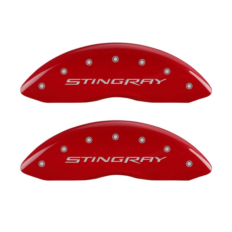 MGP 4 Caliper Covers Engraved Front & Rear Stingray Red finish silver ch - Black Ops Auto Works