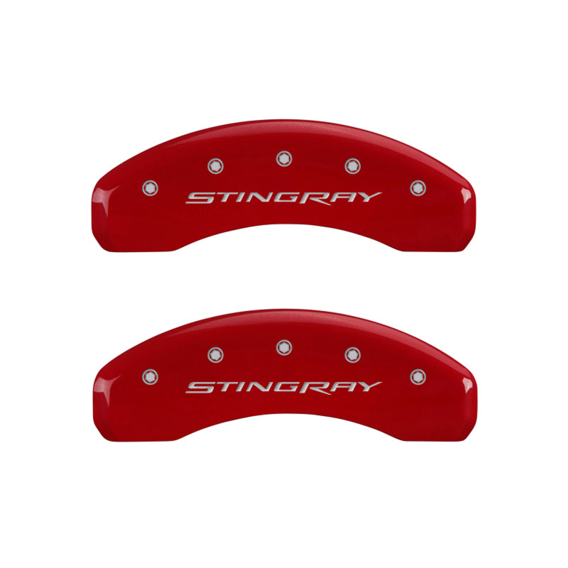 MGP 4 Caliper Covers Engraved Front & Rear Stingray Red finish silver ch - Black Ops Auto Works