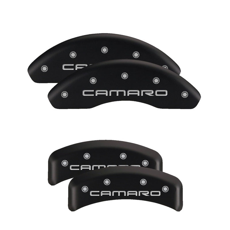 MGP 4 Caliper Covers Engraved Front & Rear With stripes/Challenger Black finish silver ch - Black Ops Auto Works