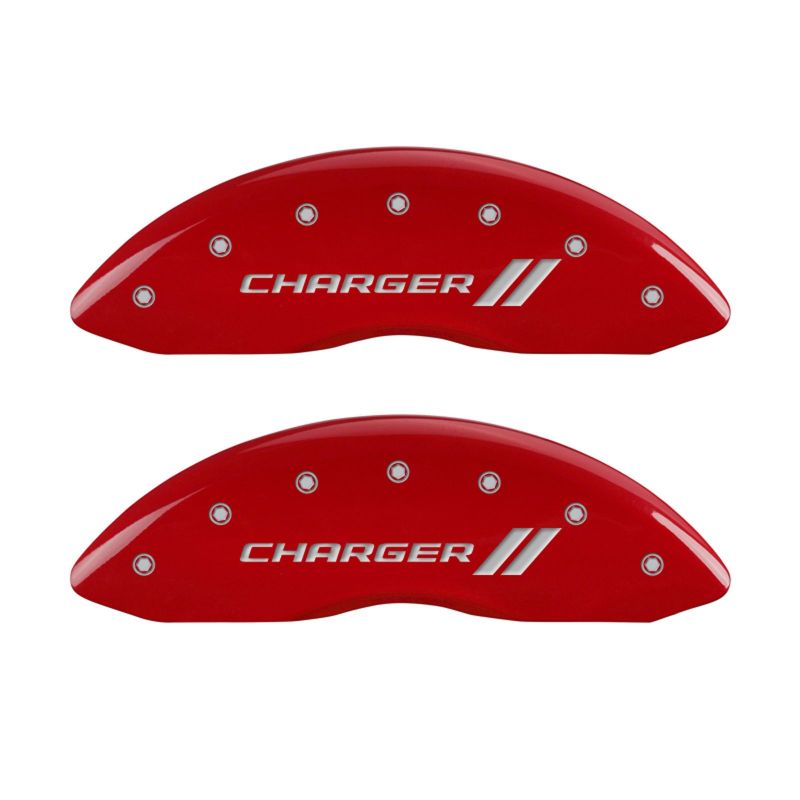 MGP 4 Caliper Covers Engraved Front & Rear With stripes/Charger Red finish silver ch - Black Ops Auto Works
