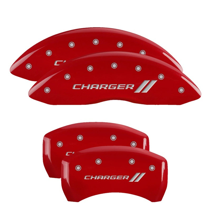 MGP 4 Caliper Covers Engraved Front & Rear With stripes/Charger Red finish silver ch - Black Ops Auto Works