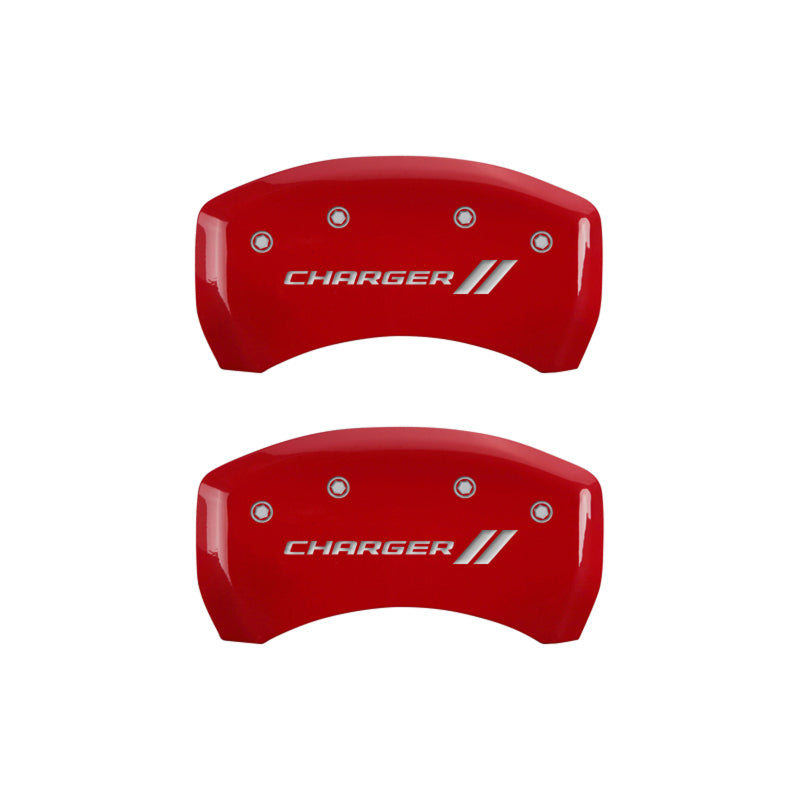 MGP 4 Caliper Covers Engraved Front & Rear With stripes/Charger Red finish silver ch - Black Ops Auto Works