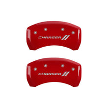 Load image into Gallery viewer, MGP 4 Caliper Covers Engraved Front &amp; Rear With stripes/Charger Red finish silver ch - Black Ops Auto Works