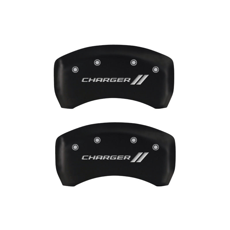 MGP 4 Caliper Covers Engraved Front & Rear With stripes/Charger Red finish silver ch - Black Ops Auto Works