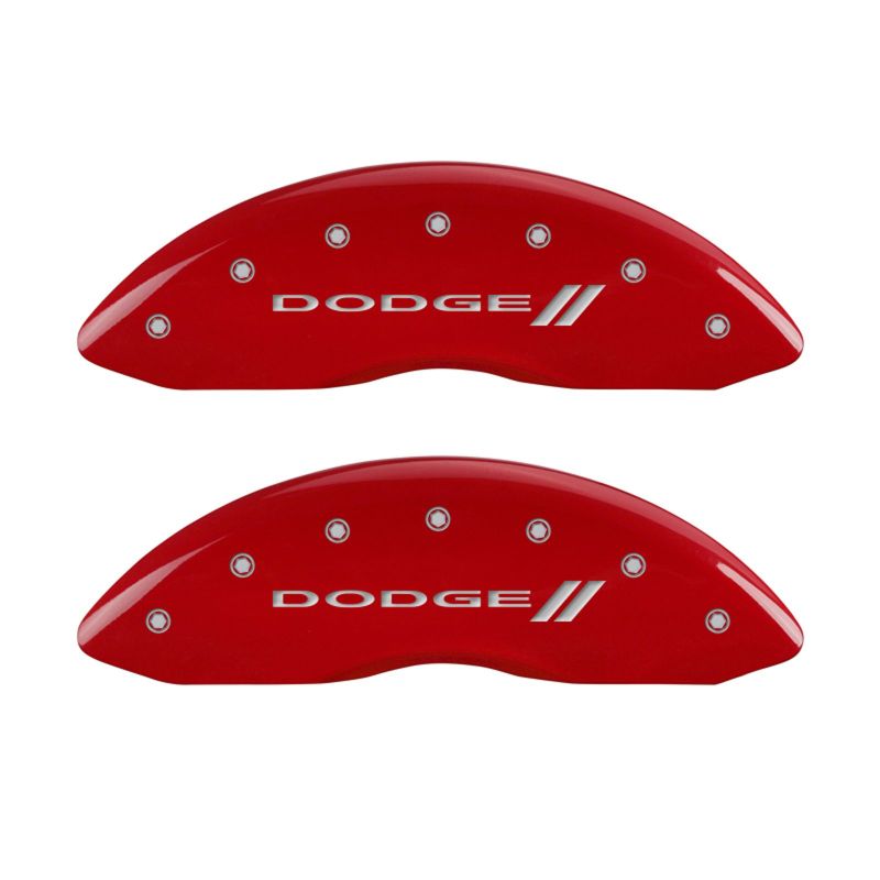 MGP 4 Caliper Covers Engraved Front & Rear With stripes/Dodge Red finish silver ch - Black Ops Auto Works