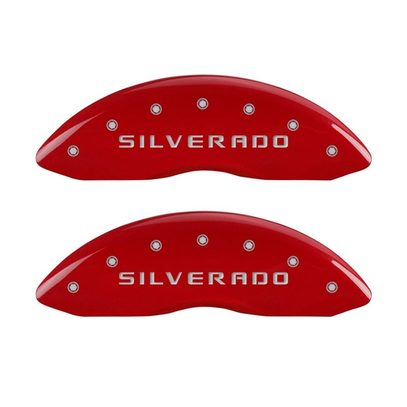 MGP Front set 2 Caliper Covers Engraved Front Silverado Red finish silver ch - Black Ops Auto Works